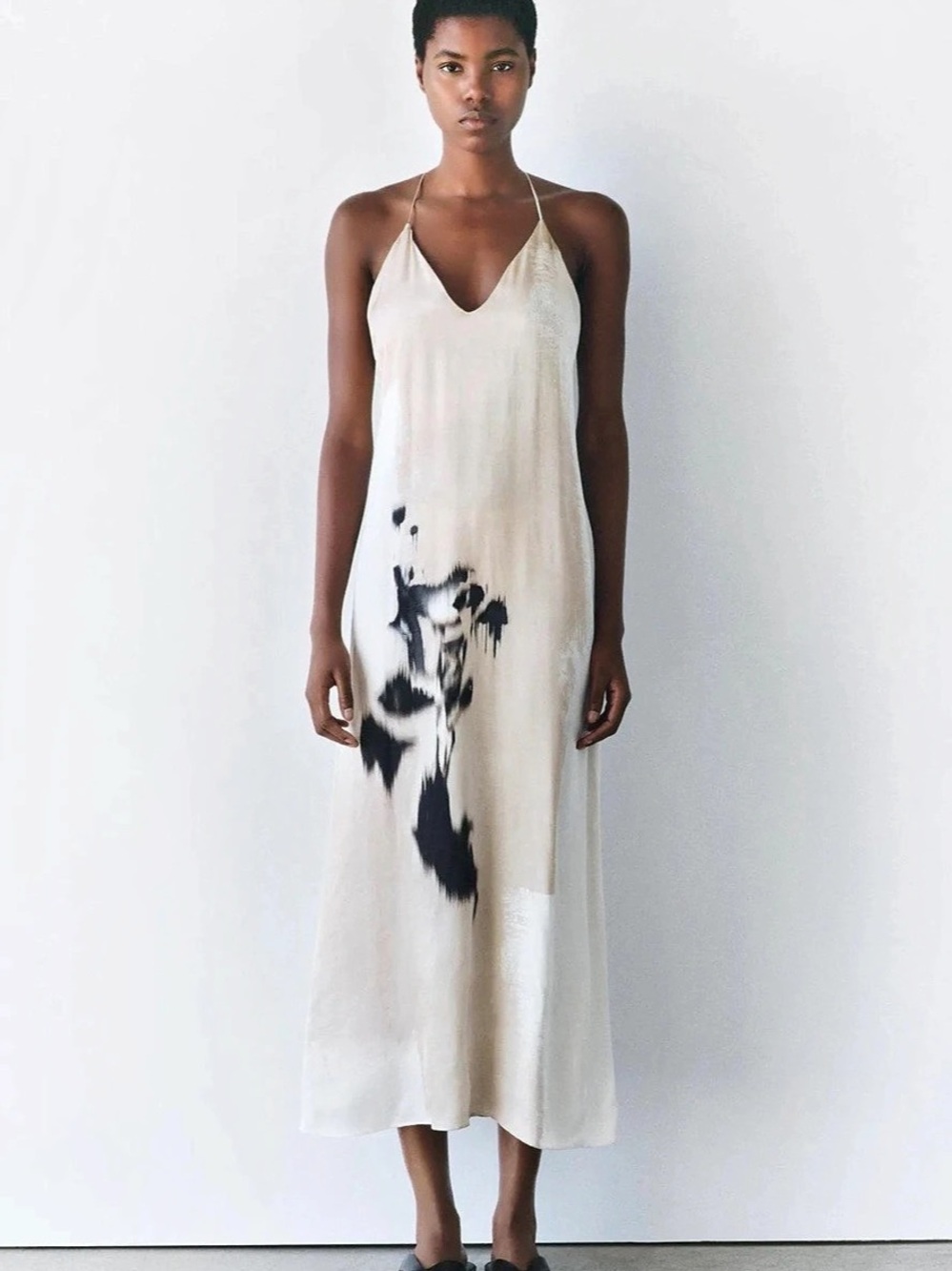 ZARA ZW Collection Printed Slip Maxi Dress Size Small Ecru Black NWT